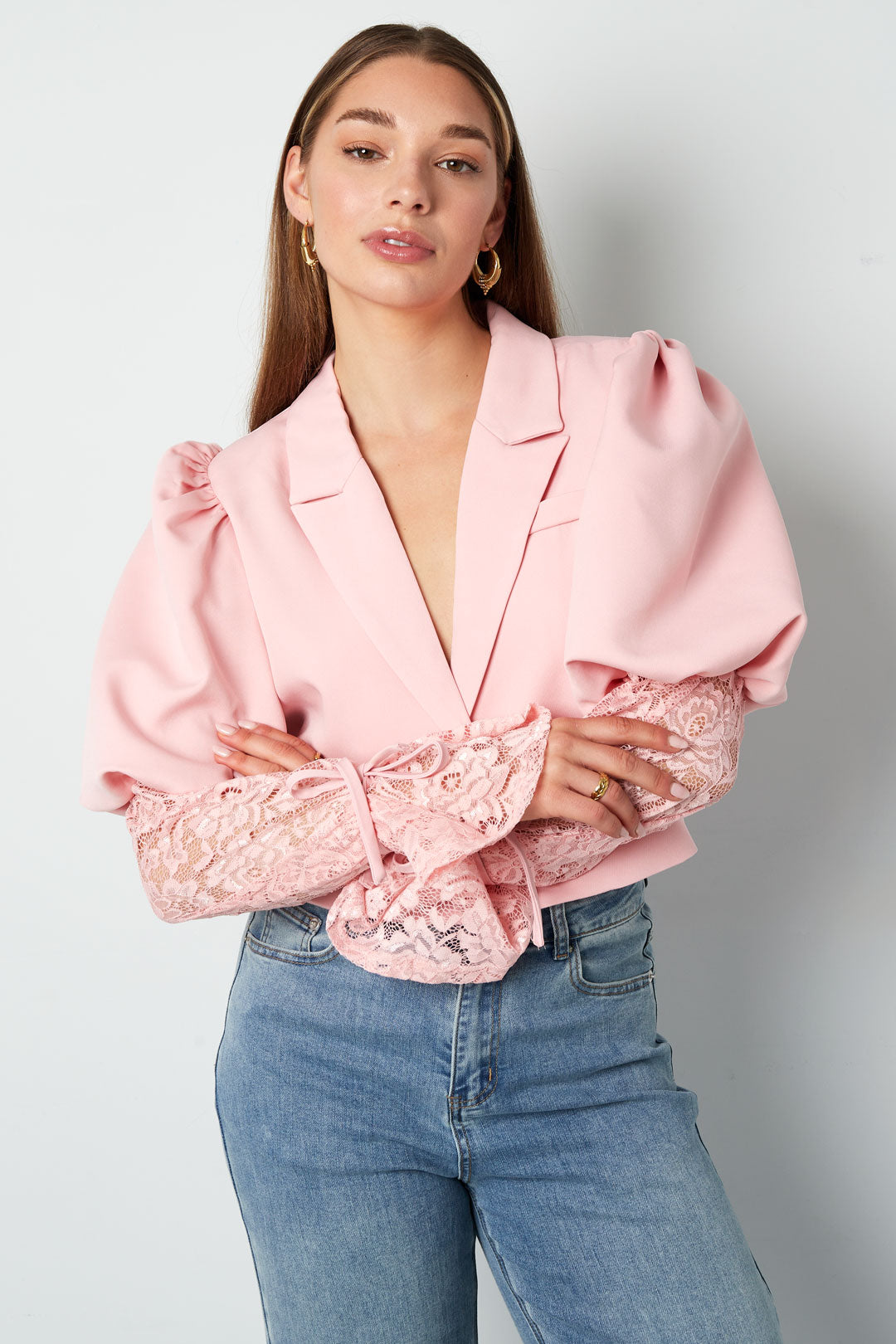 Katoenmix Vrouwen Jas Pofmouw Kanten Inzet