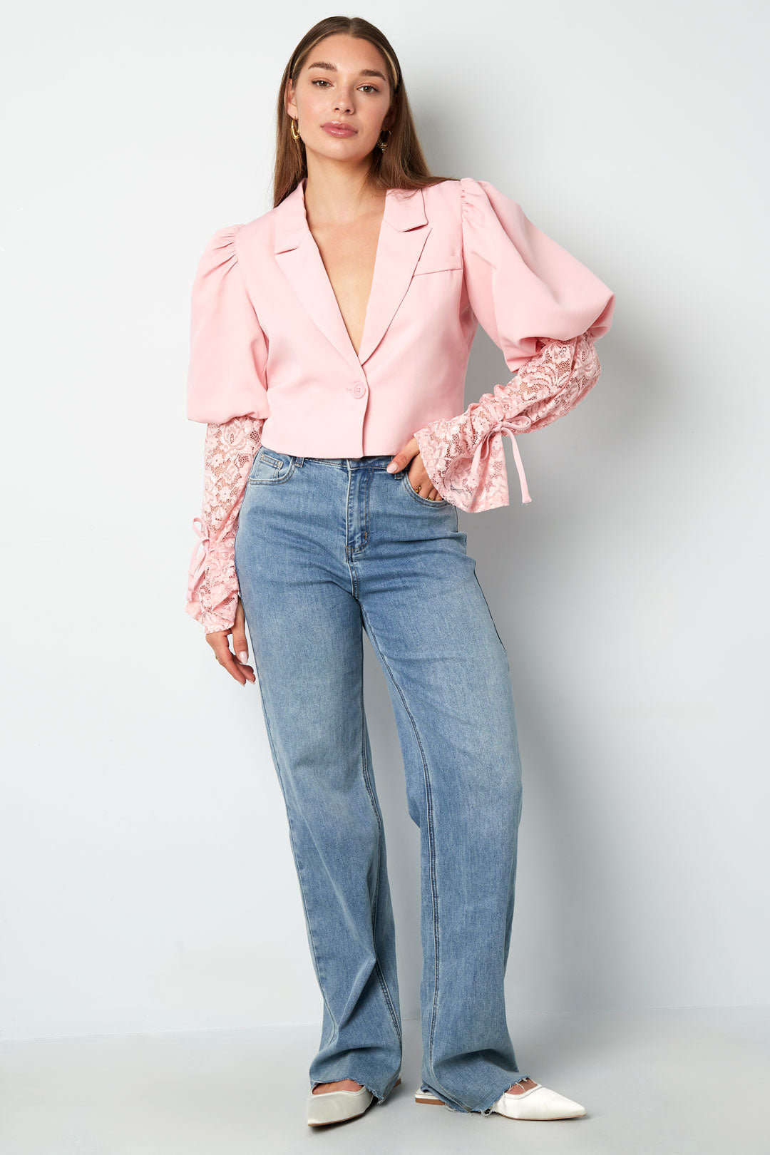 Katoenmix Vrouwen Jas Pofmouw Kanten Inzet