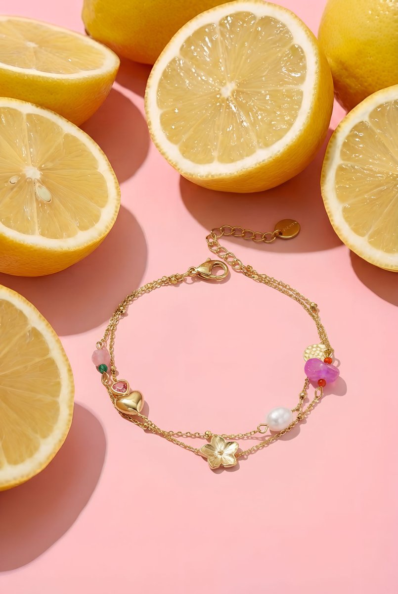 Bedelarmband met hart, bloem, parel en kraaltjesRojaluxe