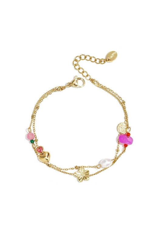 Bedelarmband met hart, bloem, parel en kraaltjesRojaluxe