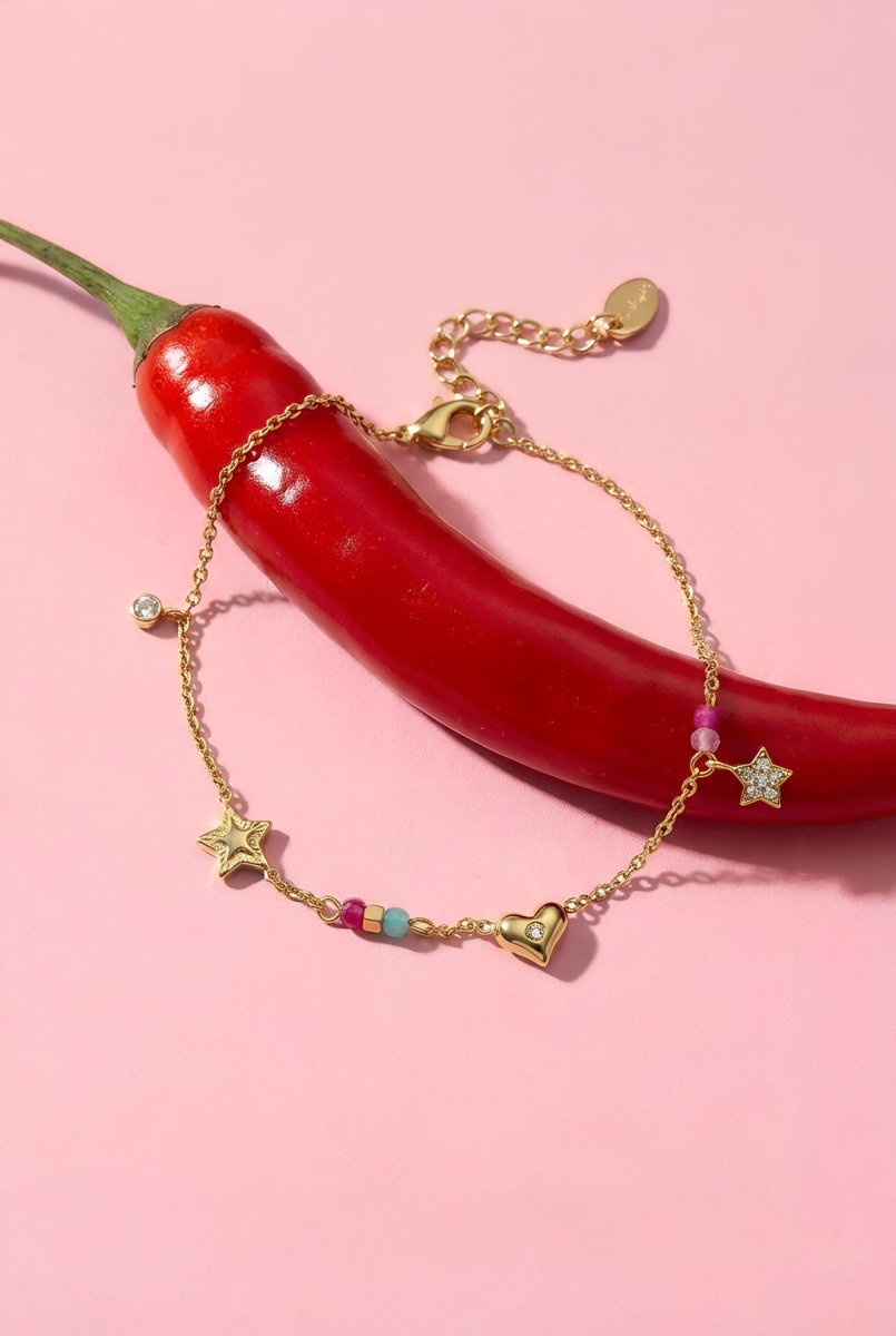 Bedelarmband met hart, ster, steentjes en kraaltjesRojaluxe