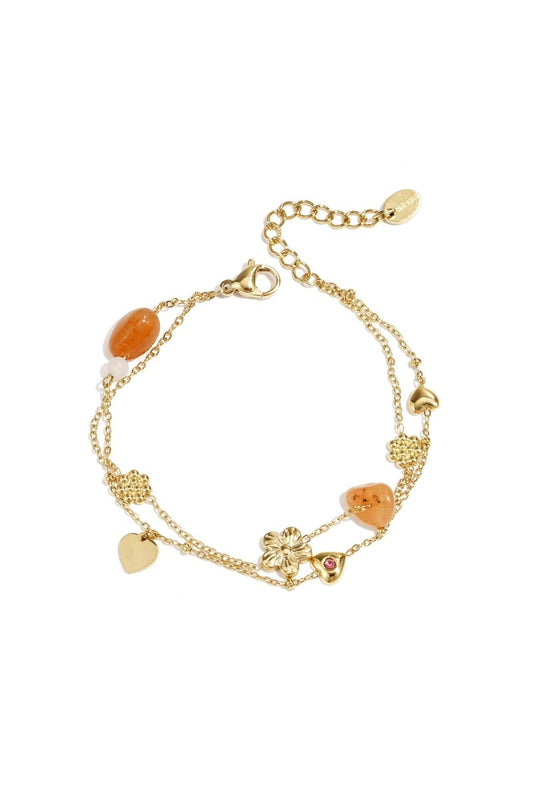 Bedelarmband met oranje kralen, bloemen en hartjesRojaluxe